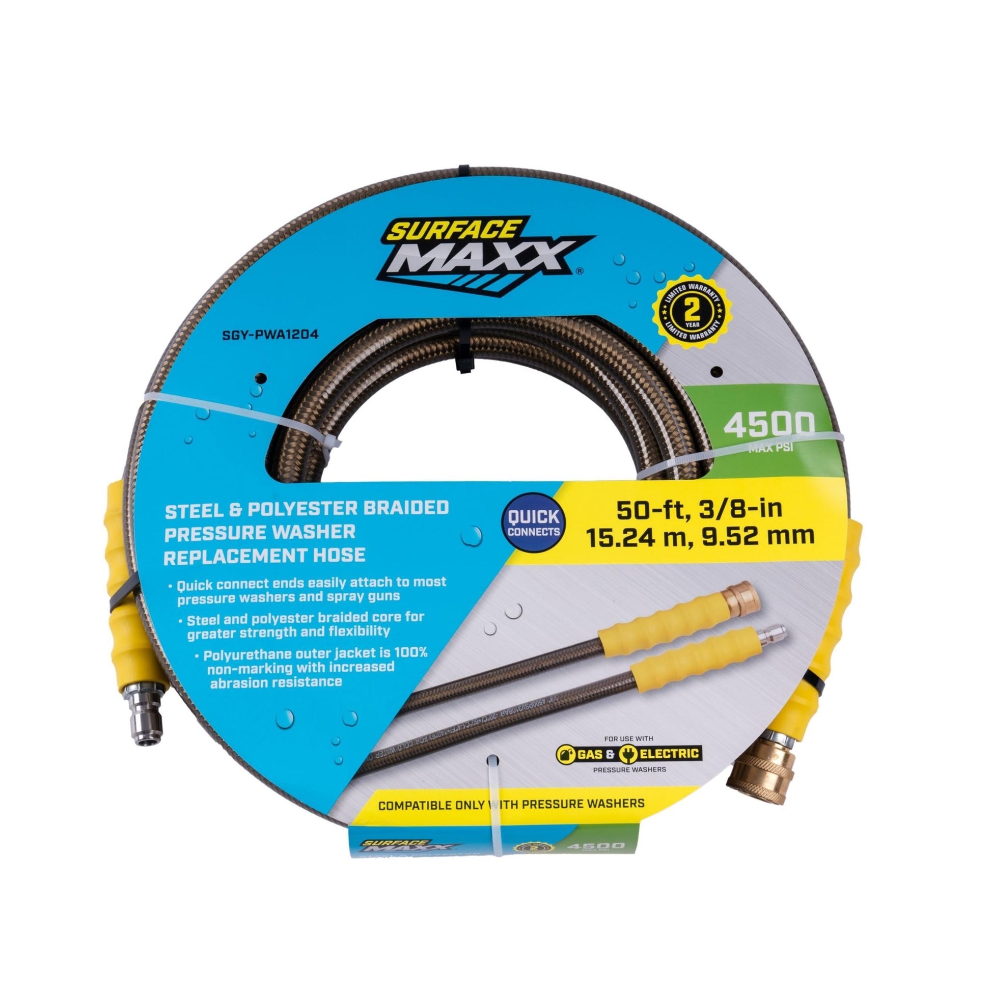 SurfaceMaxx 3/8 - in x 50 - ft Steel & Polyester Braided Pressure Washer Replacement Hose