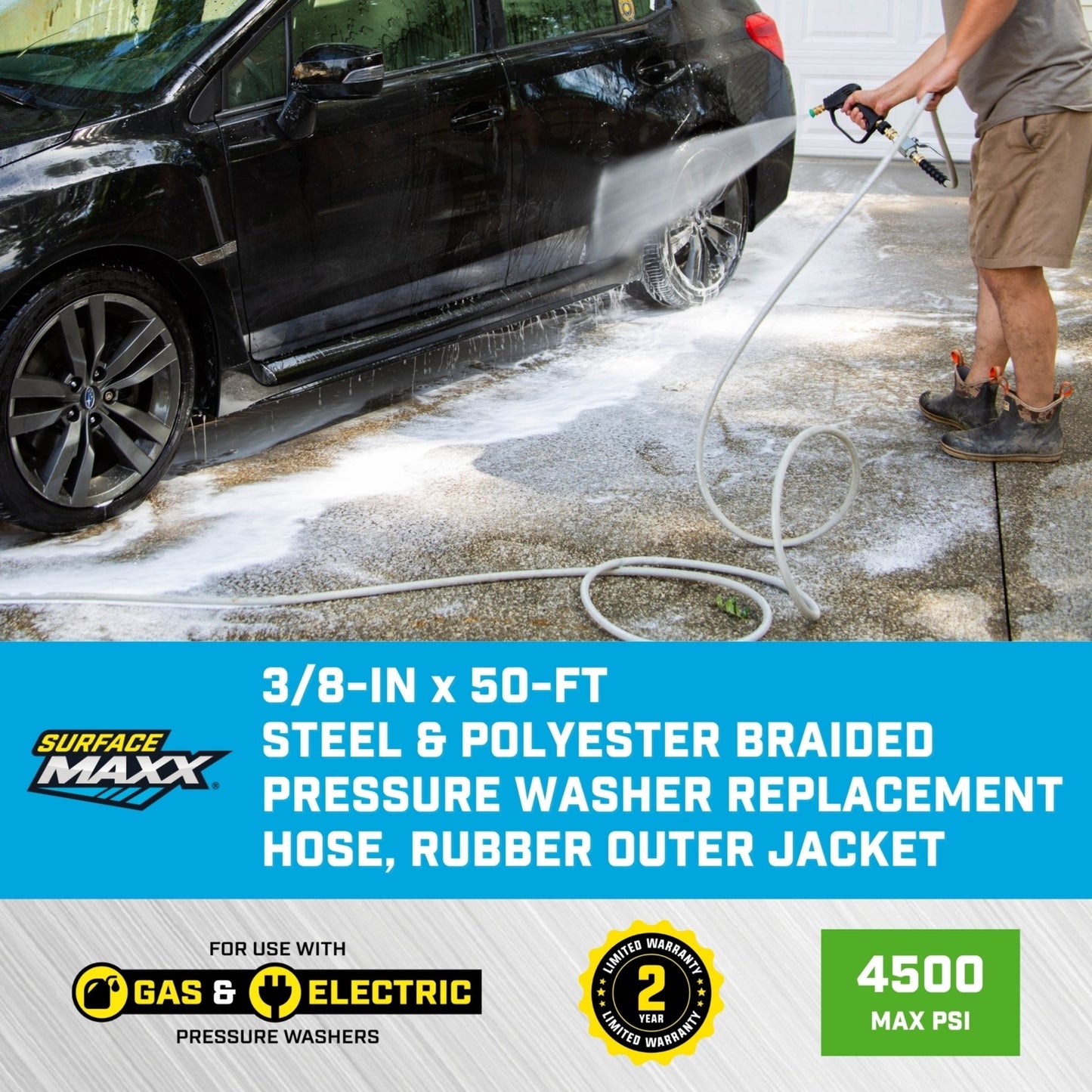 SurfaceMaxx 3/8 - in x 50 - ft Steel & Polyester Braided Pressure Washer Replacement Hose, Rubber Outer Jacket
