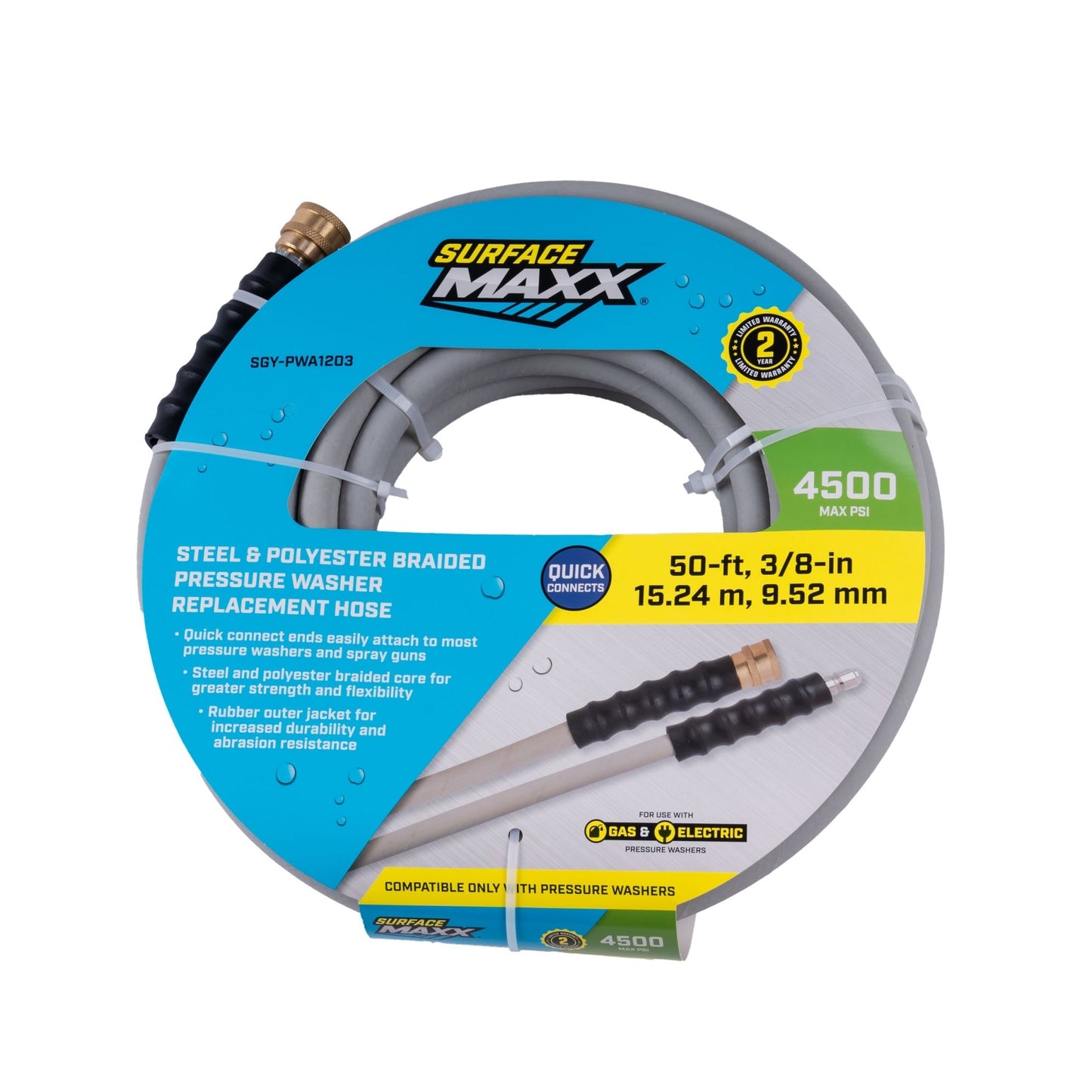 SurfaceMaxx 3/8 - in x 50 - ft Steel & Polyester Braided Pressure Washer Replacement Hose, Rubber Outer Jacket