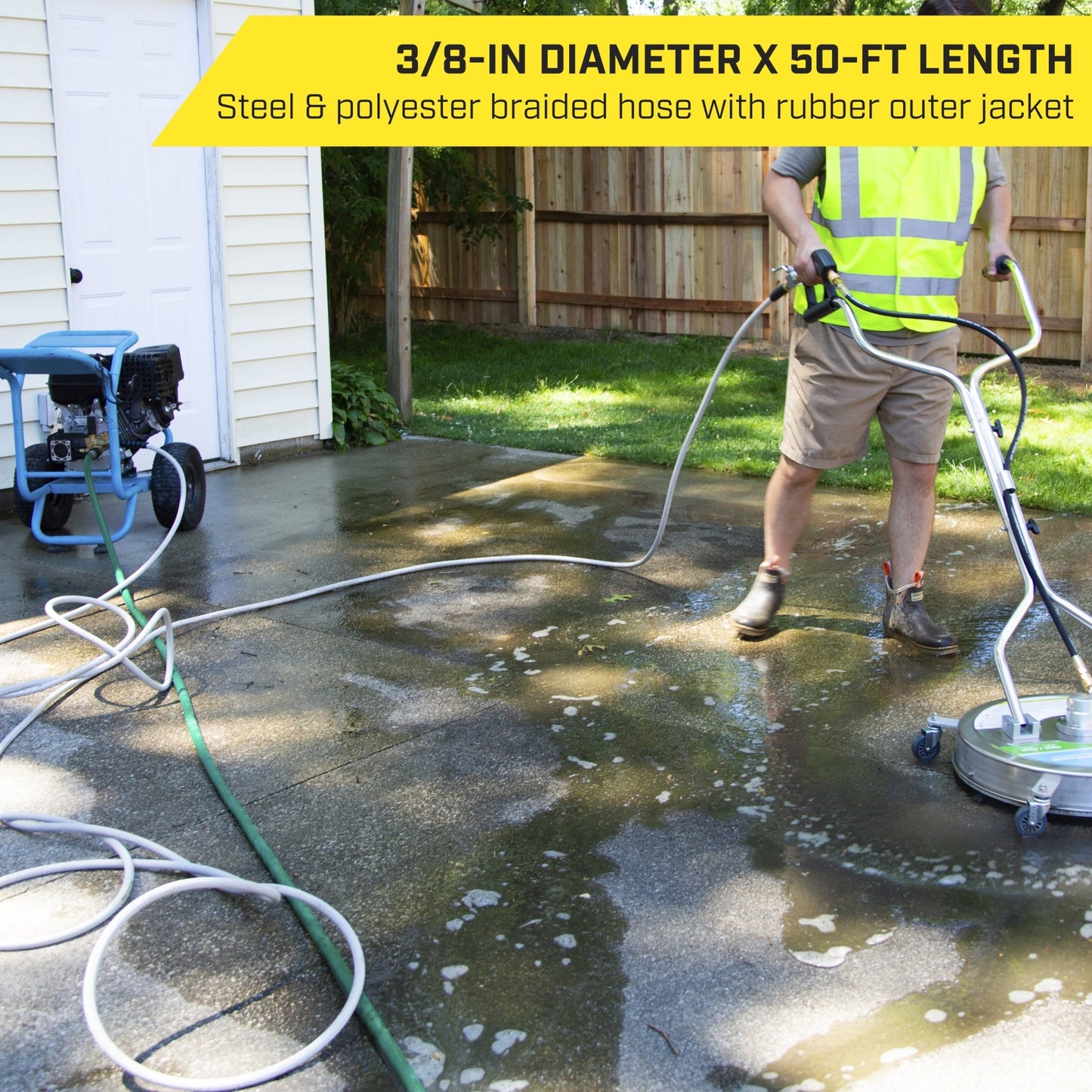 SurfaceMaxx 3/8 - in x 50 - ft Steel & Polyester Braided Pressure Washer Replacement Hose, Rubber Outer Jacket