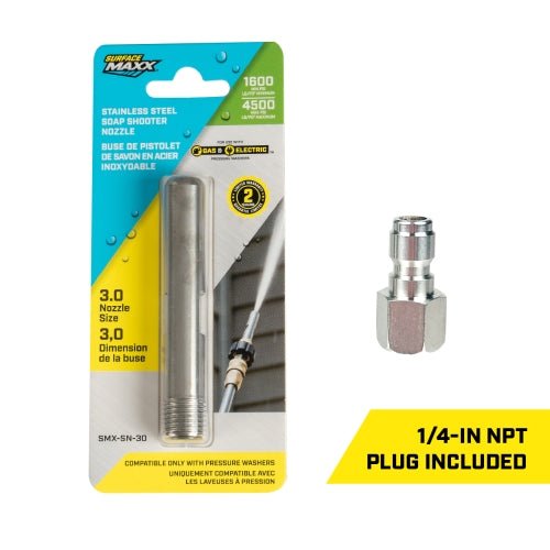 SurfaceMaxx Shooter Stainless Steel High Soap Nozzle - 3.0 Nozzle Size with 1/4 - Inch Plug