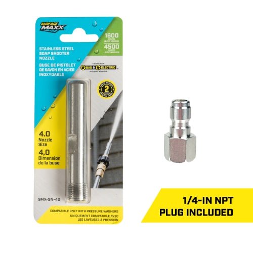 SurfaceMaxx Shooter Stainless Steel High Soap Nozzle - 4.0 Nozzle Size with 1/4 - Inch Plug