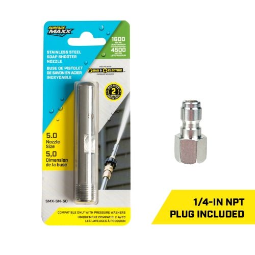 SurfaceMaxx Shooter Stainless Steel High Soap Nozzle - 5.0 Nozzle Size with 1/4 - Inch Plug