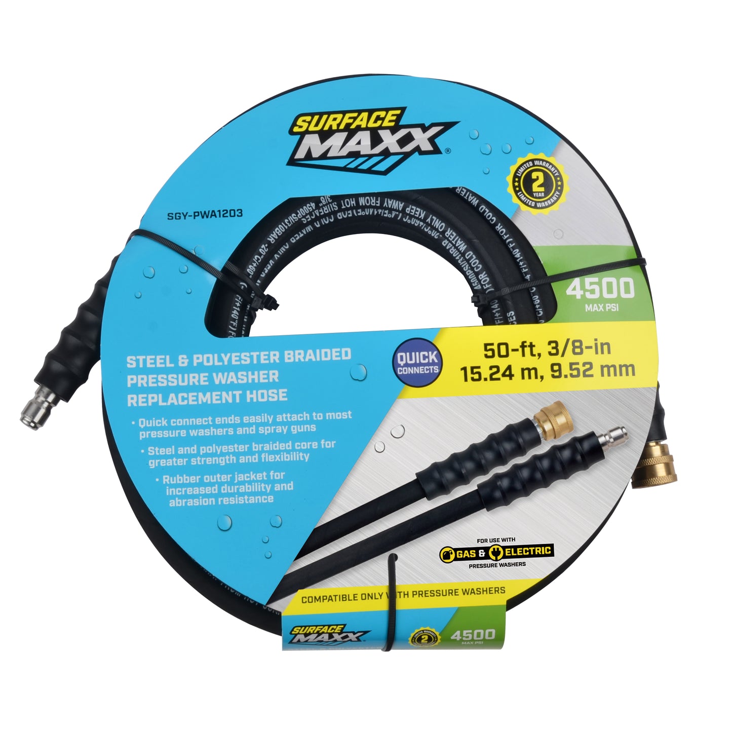 SurfaceMaxx 3/8-in x 50-ft Steel & Polyester Braided Pressure Washer Replacement Hose, Rubber Outer Jacket