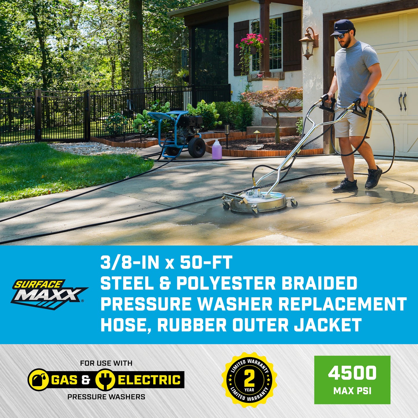 SurfaceMaxx 3/8-in x 50-ft Steel & Polyester Braided Pressure Washer Replacement Hose, Rubber Outer Jacket