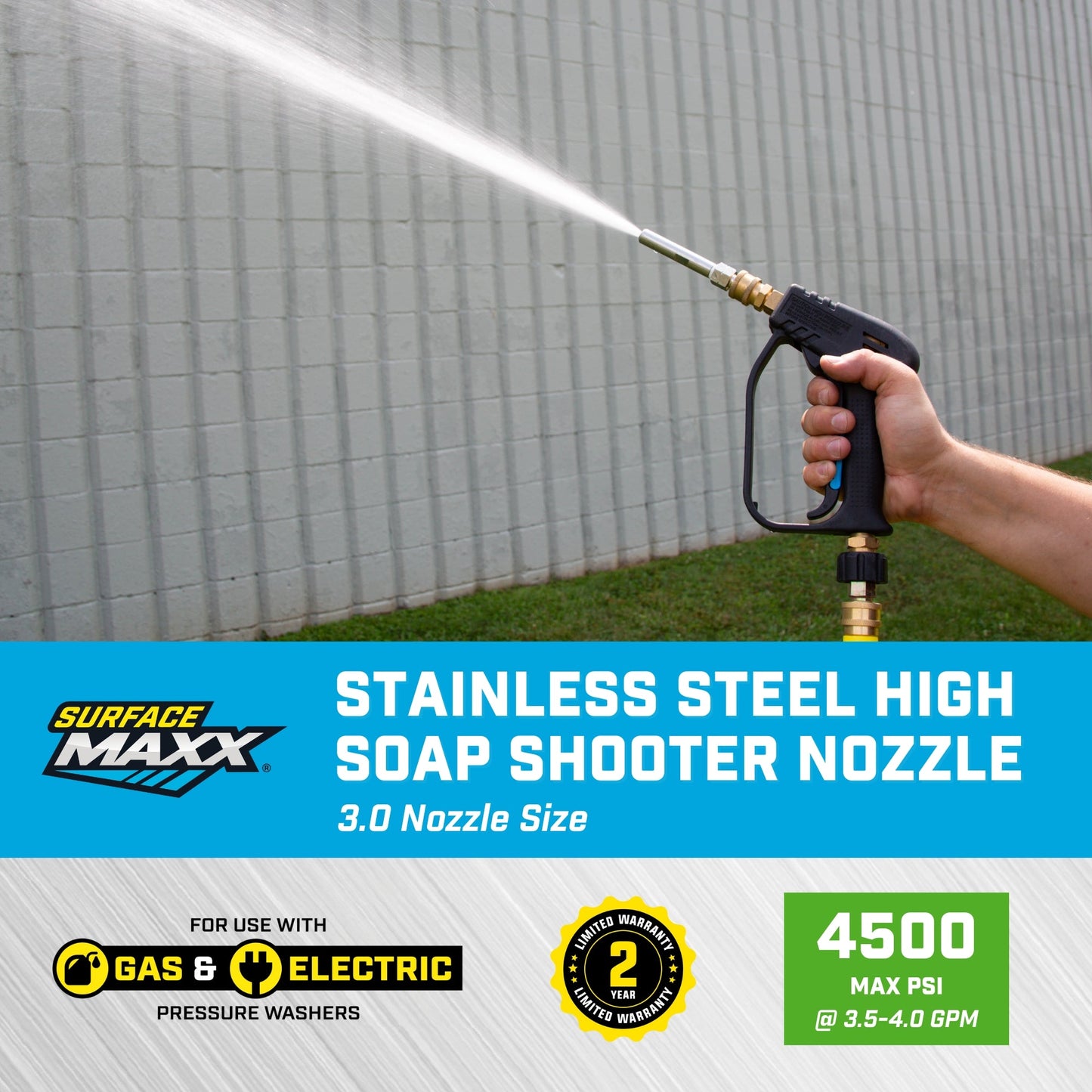 SurfaceMaxx Shooter Stainless Steel High Soap Nozzle - 3.0 Nozzle Size with 1/4 - Inch Plug - SurfaceMaxx